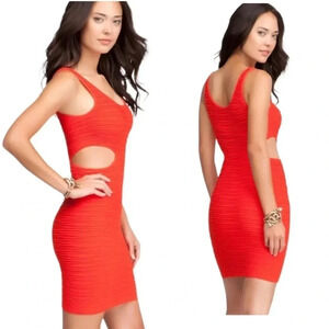 BEBE Red Tomato Side Cutout Sexy Bodycon Romantic Ribbed Party Dress Size S
